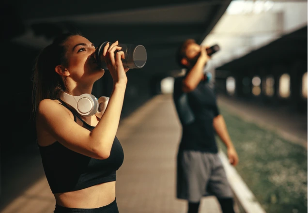 Athletes drinking protein shakes at a track. Woman in foreground with headphones, man in background.